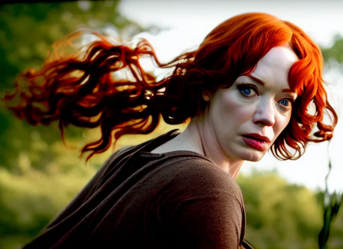 Image similar to filmstill christina hendricks the walking dead, 1 0 0 mm lens, canon eos, red cinema camera, frontal view, dynamic pose, intricate, elegant, highly detailed, centered, redshift, octane, smooth, sharp focus, zeiss lens,