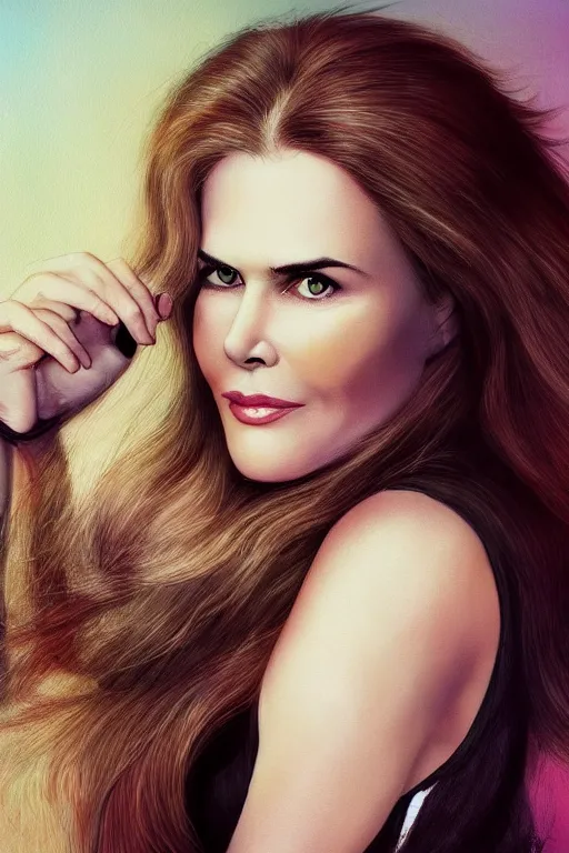 Image similar to mix of beautiful young maria shriver, mariel hemmingway, brooke shields, nicole kidman and elle macpherson as a boa constrictor, thin lips, hair tied up in a pony tail, dark blonde hair, colorful, artstation, cgsociety