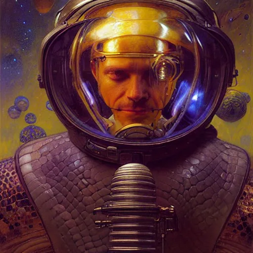 Prompt: portrait of a snake with human face wearing a space suit. shadowrun furaffiniy cyberpunk fantasy highly detailed painting by gaston bussiere craig mullins jc leyendecker gustav klimt artgerm greg rutkowski john berkey, bergey, craig mullins, ruan jia, raymond swanland, jeremy mann, tom lovell, alex malveda