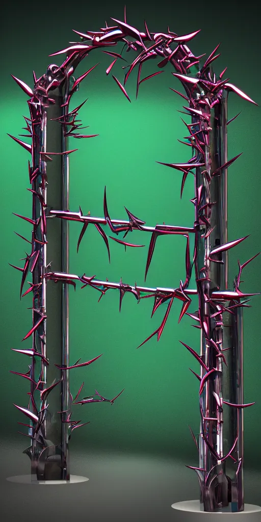 Image similar to 3 d photographic render of asymmetric melting japanese torii gate sculpture made of chrome, sakura bioluminescent chrometype, made of liquid metal, neotribal with thorns and green thunders, cyberpunk, raytracing, hyper realistic, volumetric lightning, 8 k, by zhelong xu and ouchh studio