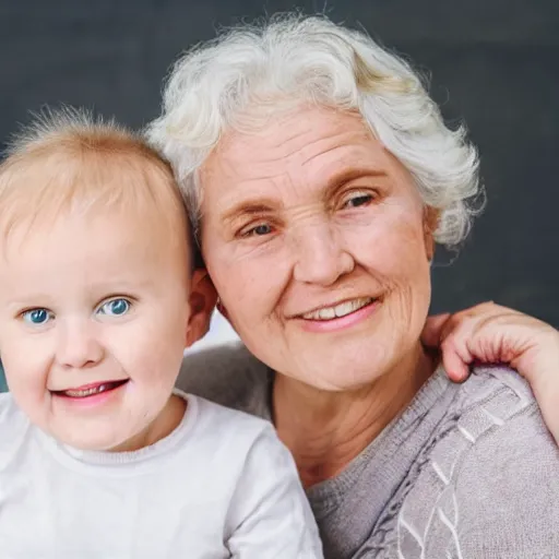 Prompt: white elderly granny sitting next to her white 3 year old baby granddaughter