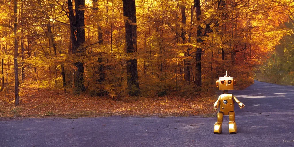 Prompt: small robot on forest road, 1970s photo, kodachrome, bokeh, autumn colors, backlit, long shot