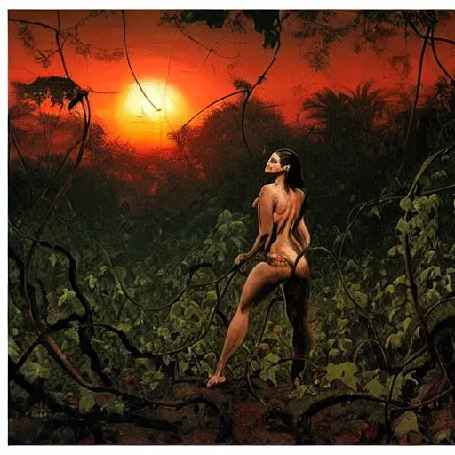 Prompt: foggy_jungle_with_vines_and_spikes_woman_silhouette_backlight__oil_painting_by_frazetta_dramatic_sunset panorama_-W_1800_-n_2_-S_43645814