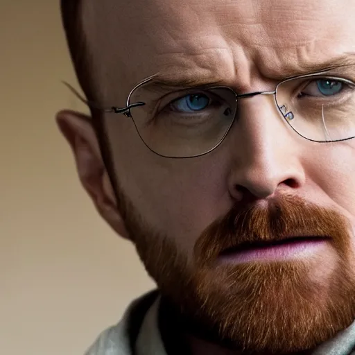 Image similar to Live Action Still of Aaron Paul dressed as Walter White, real life, hyperrealistic, ultra realistic, realistic, highly detailed, epic, HD quality, 8k resolution, body and headshot, film still