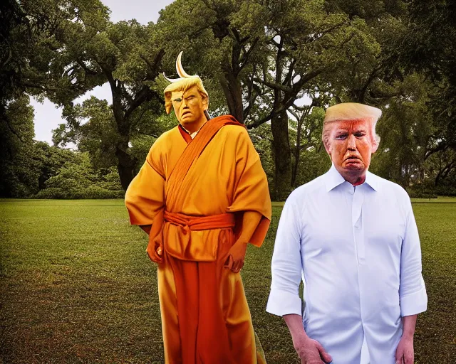 Image similar to award winning 5 5 mm portrait photo of trump as songok ssj 2, in a park by stefan kostic.