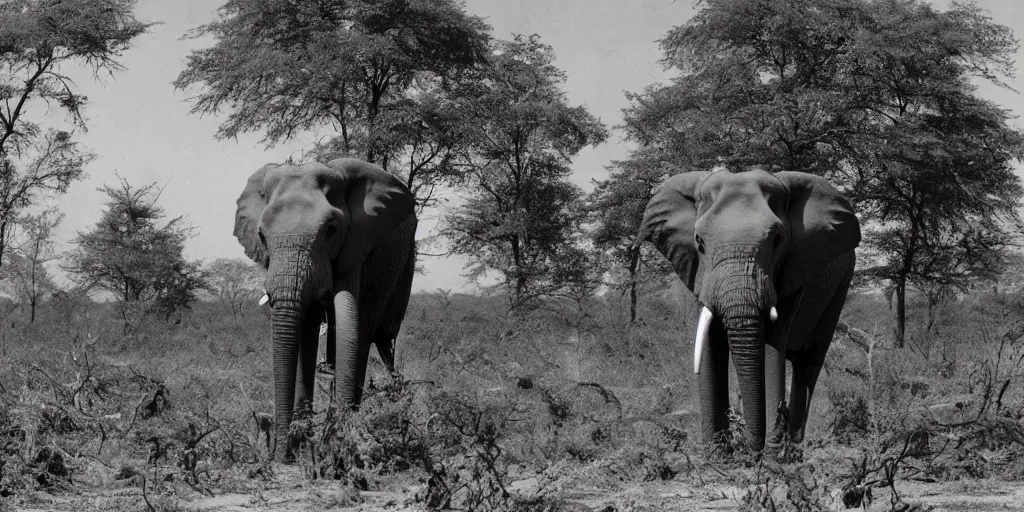 Image similar to photo of an elephant with trees growing from it top spine, in the background, a dead field of cut down trees