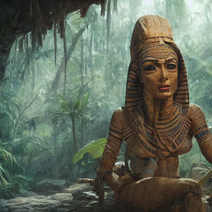 Image similar to egyptian mummy in the jungle oil painting, old school dungeons and dragons art, concept art, cgsociety, octane render, trending on artstation, artstationHD, cinematic lighting, highly detailed, digital painting, artstation, concept art, smooth, sharp focus, unreal engine,symmetric, elegant, 4k, 8k