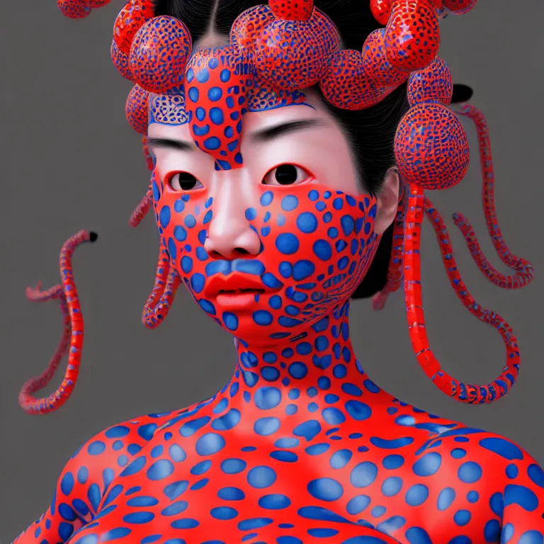 Image similar to hyperrealistic detailed image of a geisha in a art installation room, hd smooth interior by yayoi kusama, part by kei mieno, part by ross tran, dark art by james jean, ultra realistic, highly detailed, life like face, detailed body, 8 k, 3 d render by roger magrini, masterpiece