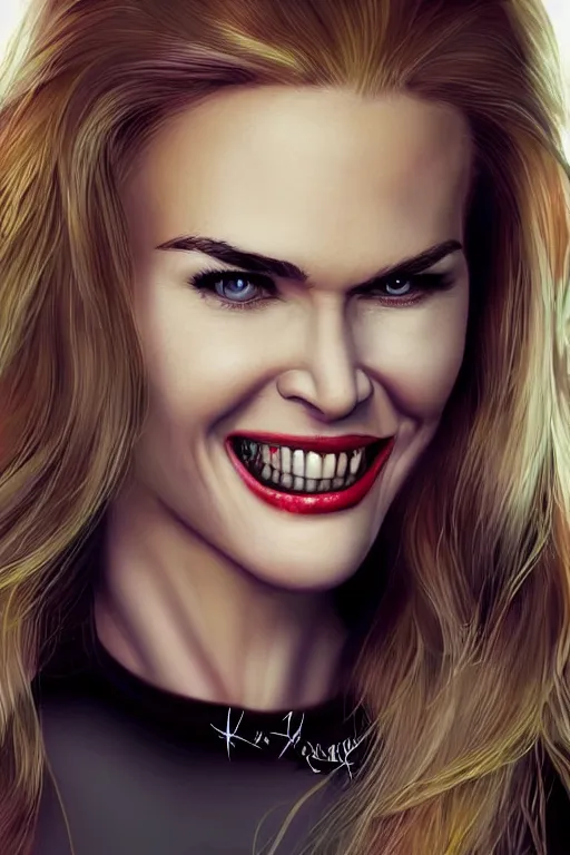 Image similar to mix of beautiful young maria shriver, mariel hemmingway, brooke shields, nicole kidman and elle macpherson as a vampire showing vampire teeth, ready to bite, thin lips, hair tied up in a pony tail, dark blonde hair, colorful, deviantart, artstation, cgsociety