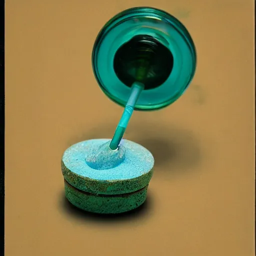 Prompt: small potion with a cork top filled with a green and turquoise gradient liquid, on a desk, old film photo