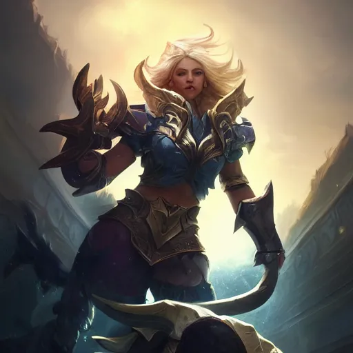 Image similar to a blonde paladin woman holding her shield up fighting a giant goat on the streets of a fantasy town, league of legends splash art, deiv calviz, splash art, natural light, elegant, intricate, fantasy, atmospheric lighting, by greg rutkowski, league of legends splash art, hd wallpaper, ultra high details