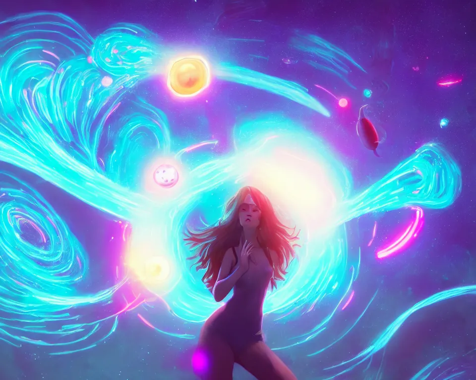 Image similar to a beautiful whimsical woman standing under a multi-colored binary blackhole with an accretion disc, casting magic, glowing trails following her arms, acidwave, by Lois van Baarle, by Greg Rutkowski, by artgerm, by beeple, by studio ghibli, cinematic angle, volumetric lighting, 4k resolution, octane render, trending on artstation, masterpiece