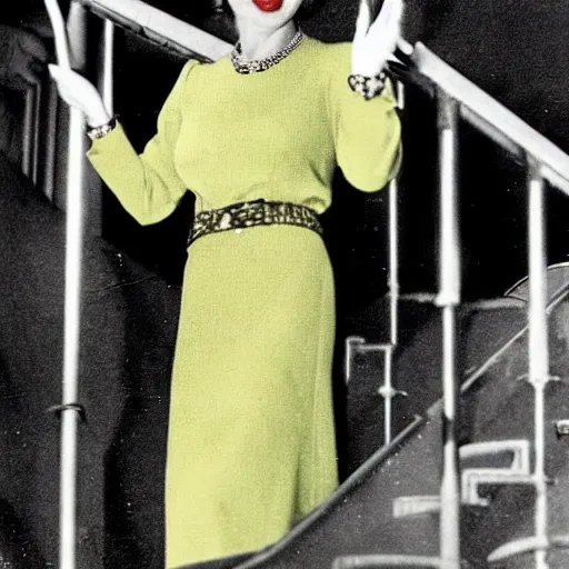 Image similar to a vintage historical fantasy 1 9 3 0 s kodachrome slide german and eastern european mix of the queen of winter is pictured attending a royal tour. she is shown descending a staircase from a luxurious plane, waving to the crowd below. she is donning a pencil skirt and peplum jacket in a yellow and green skirt suit.