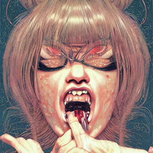 Image similar to portrait of crazy screaming beautiful singer sia kate isobelle furler, big ribbon, ymmetrical, by yoichi hatakenaka, masamune shirow, josan gonzales and dan mumford, ayami kojima, takato yamamoto, barclay shaw, karol bak, yukito kishiro