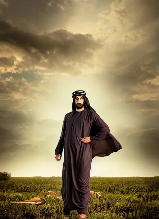 Image similar to portrait of sheikh ruler of dubai, djinn, landscape, swamp, marsh lands, cinematic lighting, studio quality, godly, comic book, 4 k, active, scenic, fury, fiery, dramatic entry