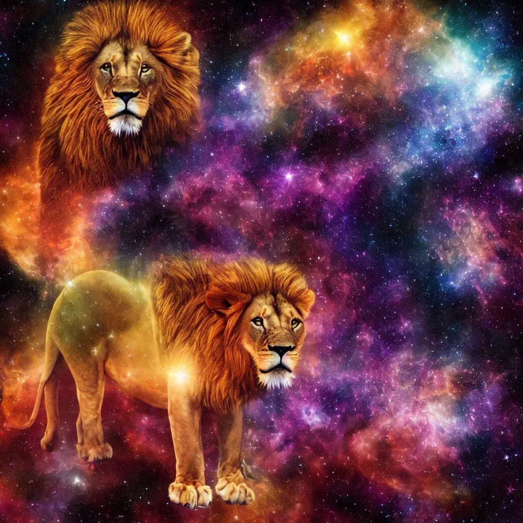 Image similar to lion in a galaxy made of stars, space, nebulas stars,