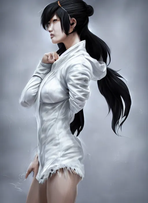 Prompt: a highly detailed illustration of fierce tall amazon messy ponytail black haired one armed delinquent japanese woman wearing white cap wearing long white jacket with cape, dramatic pose, muscular, perfect face, perfect body, intricate, elegant, highly detailed, centered, digital painting, artstation, concept art, smooth, sharp focus, league of legends concept art, wlop.