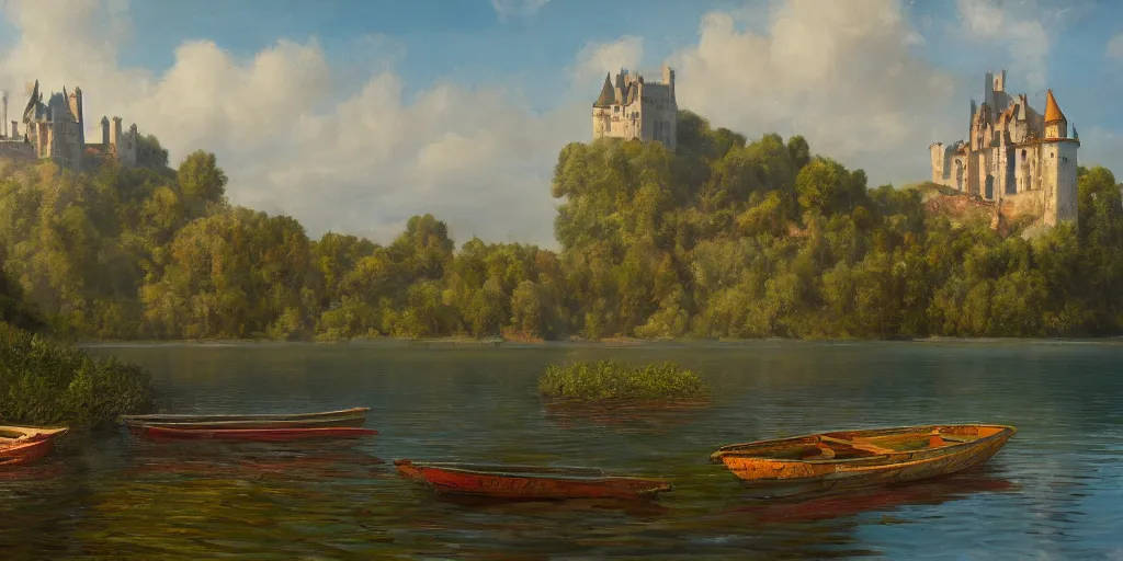 Image similar to a castle on an island in the middle of a lake. a city on the left and a field in the right. one boat one is floating in the lake. oil painting, realistic, 4 k high resolution