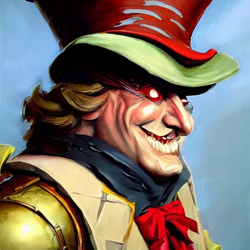 Image similar to greg manchess portrait painting of armored mad hatter from alice in wonderland as overwatch character, wacky, medium shot, asymmetrical, profile picture, organic painting, sunny day, matte painting, bold shapes, hard edges, street art, trending on artstation, by huang guangjian and gil elvgren and jesper ejsing