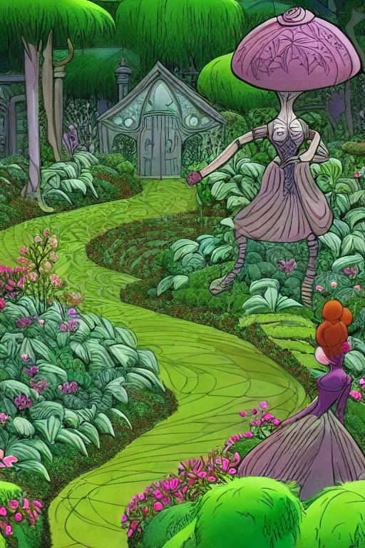 Image similar to intricate detailed Garden, Green Witch Walking her Garden, magical garden plant creatures, enchanted, life like plants, In The animation style of X-Men: The Animated Series, high detail, max upscale