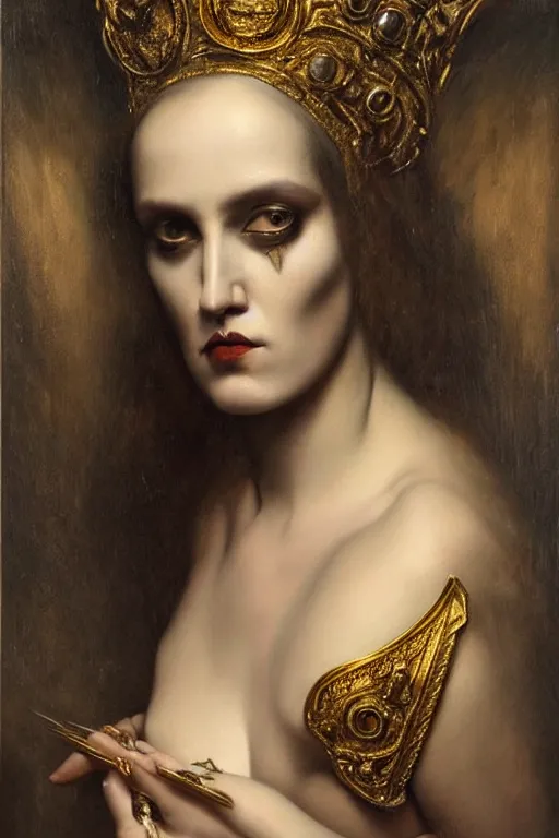 Image similar to hyper realistic painting portrait of goth queen, occult diagram, elaborate details, detailed face, intrincate ornaments, gold decoration, occult art, oil painting, art noveau, in the style of roberto ferri, gustav moreau, jean delville, bussiere, andrew gonzalez