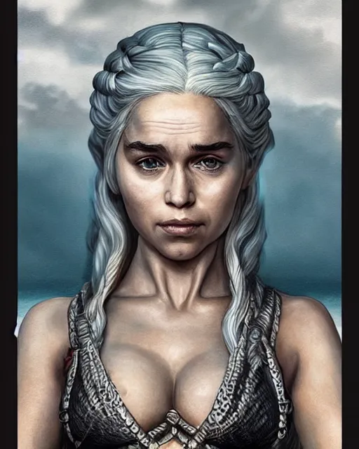 Prompt: Daenerys Targaryen with a piercing gaze and wearing a oceanic bikini as the queen of atlantis, highly detailed face, realistic face, beautiful detailed eyes, fantasy art, in the style of Joel Santana, illustration, epic, fantasy, intricate, hyper detailed, artstation, concept art, smooth, sharp focus, ray tracing, vibrant, photorealistic