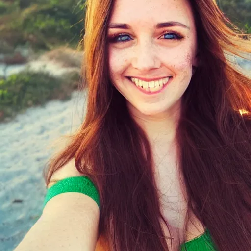 Image similar to Selfie photograph Cute young woman, long shiny bronze brown hair, green eyes, cute freckles, soft smile, golden hour, beach setting, medium shot, mid-shot, instagram