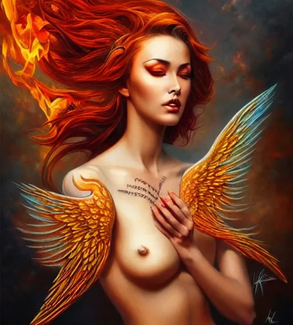 Image similar to woman with fiery tattoos, fiery wings, beautiful, intricate, full body, digital art by artgerm and karol bak