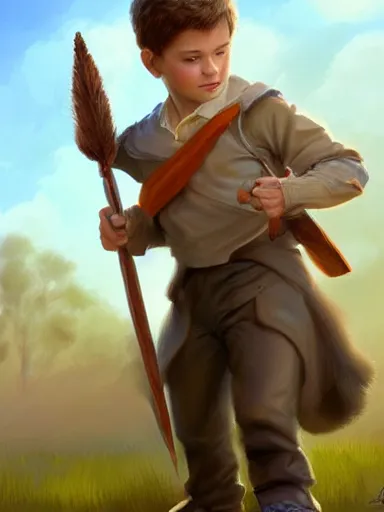 Prompt: a handsome juvenile holding a adorned cane. walking in a rural area. intricate, elegant, highly detailed, digital painting, artstation, concept art, sharp focus, illustration, by justin gerard and artgerm, 8 k