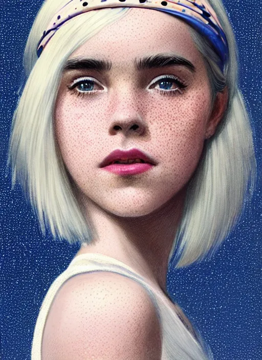 Image similar to portrait of kiernan shipka with freckles, white hair, 1 9 6 0 s bob hairstyle, hairstyle with bangs, 1 9 6 0 s bob hair with bangs and hairband, intricate, elegant, glowing lights, highly detailed, digital painting, artstation, concept art, smooth, sharp focus, illustration, art by wlop, mars ravelo and greg rutkowski