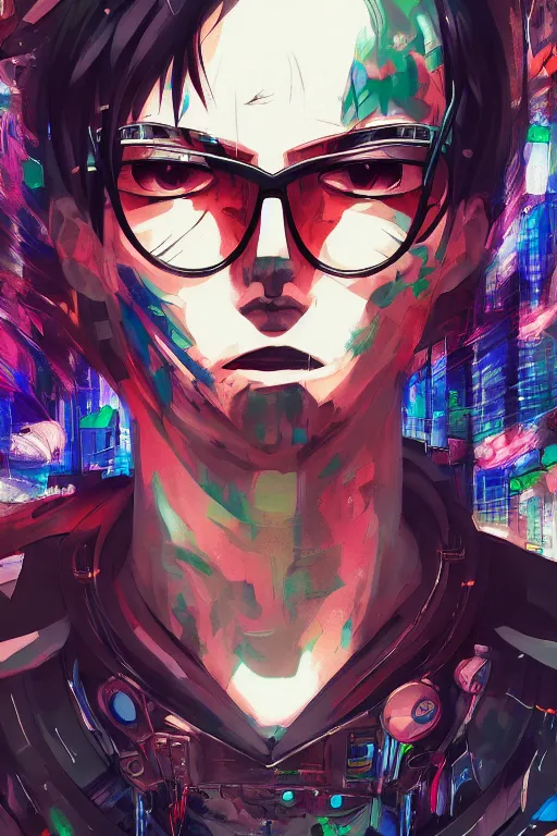 Prompt: abstract portrait, cyberpunk anime hero, floating detailes, very detailed face, dark mood, leaves by miyazaki, colorful palette illustration, kenneth blom, mental alchemy, james jean, pablo amaringo, naudline pierre, contemporary art, hyper detailed