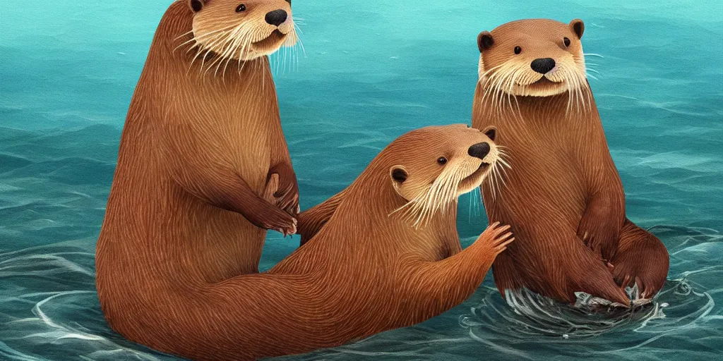 Image similar to otters hold hands while they sleep so nobody will drift away to the sea during the stormy night , fantasy illustration, cinematic, award winning, romantic, detailed trending on artstation, masterpiece