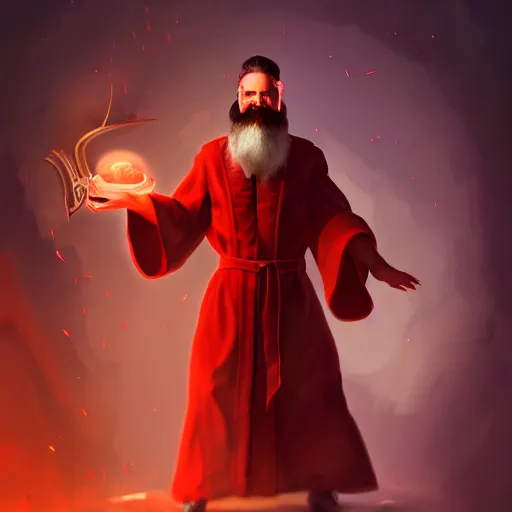 Prompt: evil male sorcerer, red robe, white skin, alchemist library background, the room filled with colorful magic, sharp, brown hair, beard, wlop, concept art, digital art, dynamic lighting, unreal engine, octane