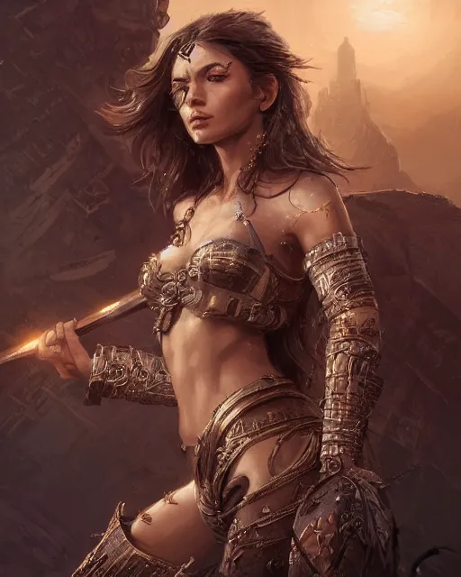 Image similar to A beautiful female warrior posing on a boat, beautiful face, highly detailed face, close-up, fantasy woman, fantasy art, in the style of greg rutkowski, illustration, epic, fantasy, intricate, hyper detailed, artstation, concept art, smooth, sharp focus, ray tracing
