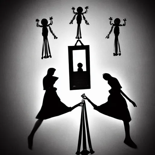 Image similar to black and white, award winning photo, levitating twin nuns each having 6 arms, wearing pentgram necklace, a guillotine is depicted, the nuns have Very long arms, in a sanctuary, eerie, frightening —width 1024 —height 1024