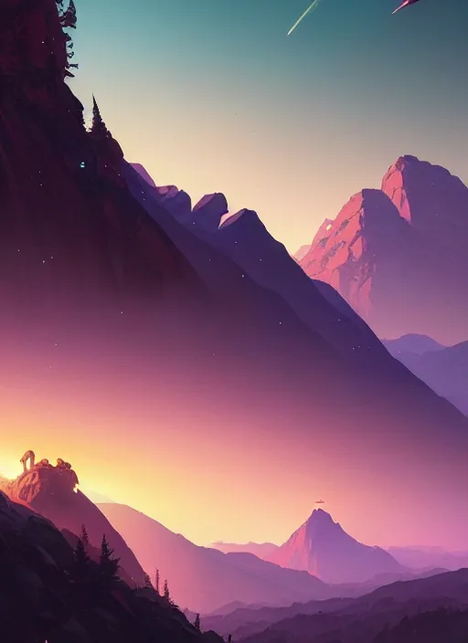 Image similar to highly detailed mountain in night, gta v, stephen bliss, unreal engine, fantasy art by greg rutkowski, loish, rhads, ferdinand knab, makoto shinkai and lois van baarle, ilya kuvshinov, rossdraws, tom bagshaw, global illumination, radiant light, detailed and intricate environment