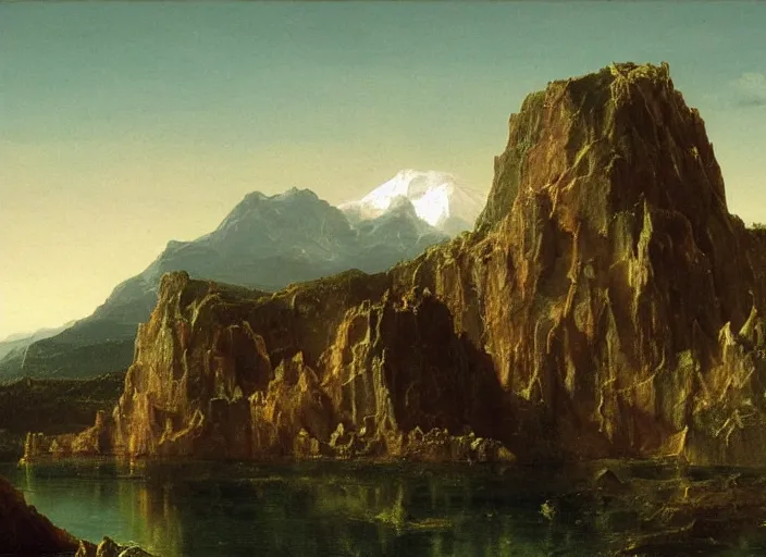 Image similar to painting of a brutalist structure in front of beautiful mountains by thomas cole