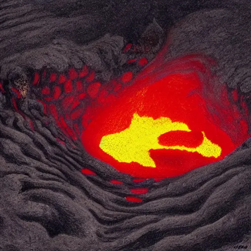 Image similar to head of kirby emerges from a lava lake, cave background, high detail, lava reflections, burning, dramatic shot