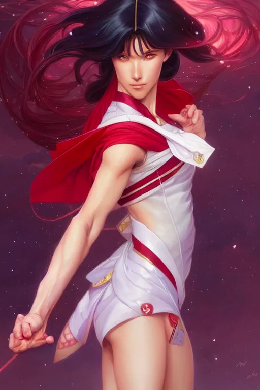 Prompt: a male version of Sailor Mars, fantasy, intricate, elegant, highly detailed, digital painting, artstation, concept art, matte, sharp focus, illustration, art by Artgerm and Greg Rutkowski and Alphonse Mucha