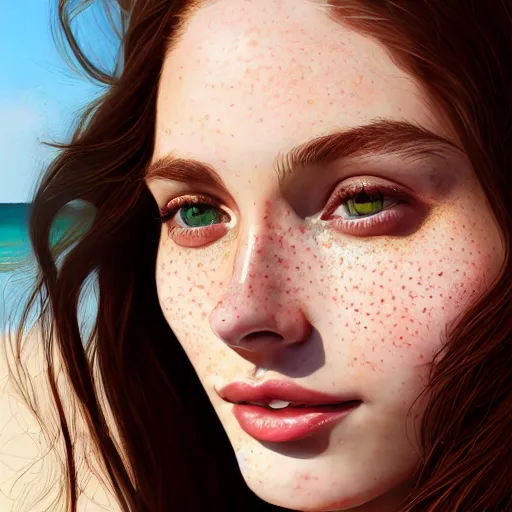 Image similar to portrait of a cute thin young woman, bronze brown hair, eye color is emerald green, red blush, cute freckles, smug smile, modern clothes, relaxing on the beach, golden hour, close up shot, 8 k, art by irakli nadar, hyperrealism, hyperdetailed, ultra realistic