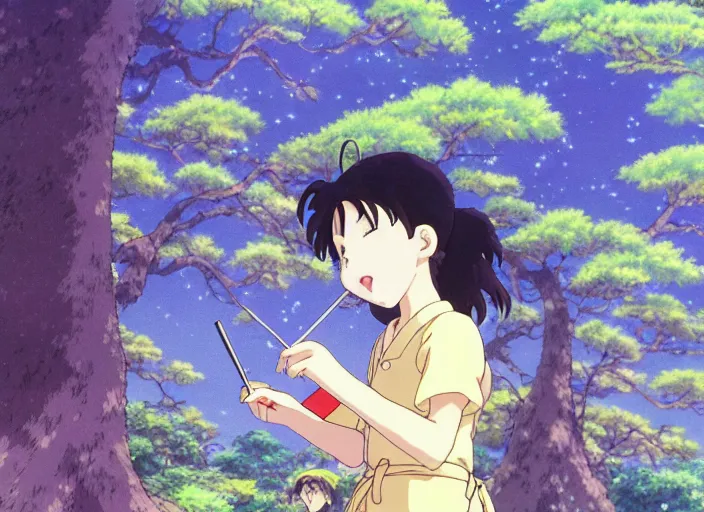 Prompt: anime fine details portrait of joyful girl draws a picture in nature, trees, green meadows, bokeh. anime masterpiece by Studio Ghibli. 8k, sharp high quality classic anime from 1990 in style of Hayao Miyazaki