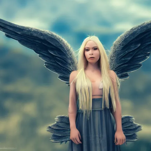 Image similar to very pretty blond female angel with large wings landing on a mountain top, shallow depth of field, moody lighting, 8 k, concept art, wide angle,