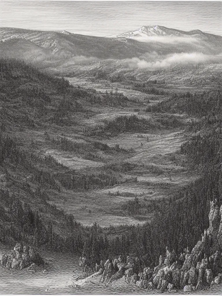 Image similar to an engraving of yellowstone national park by gustave dore and albrecht durer highly detailed, fog, depth, lithograph engraving