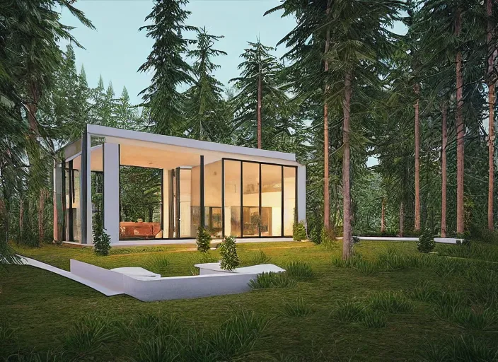 Image similar to “ large openings frame views of the villa's positioning amidst a fir - tree woodland, unreal engine 5 render, 8 k ”