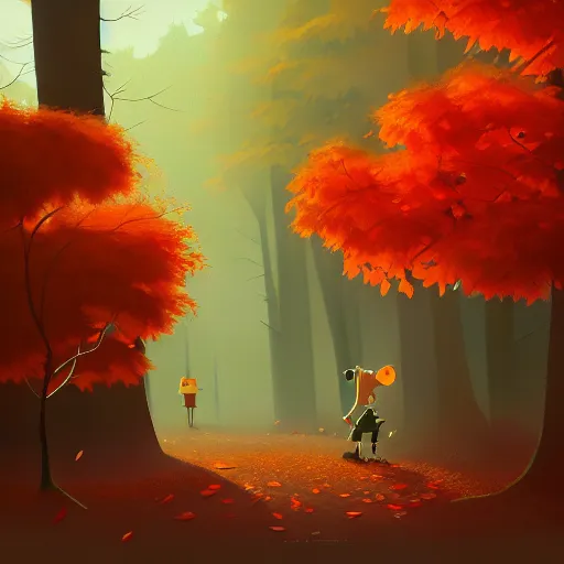 Image similar to goro fujita ilustration a forest full of leaves on the ground, tall autumn trees that let in small streaks of light to the ground, painting by goro fujita, sharp focus, highly detailed, artstation