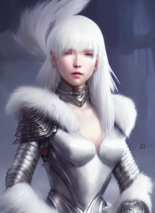 Image similar to fur - lined armor!!! beautiful and elegant white haired female!! gorgeous ayes!! character concept art, sharp focus, octane render! unreal engine 5! highly rendered!! trending on artstation!! detailed linework!! illustration by artgerm, wlop and chie yoshii