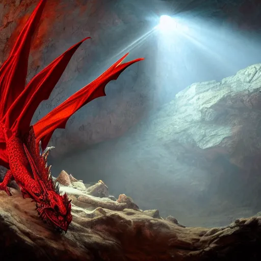 Image similar to photo of a large red scaly dragon sleeping on a mountain of human bones in a dark dusty cave with a ray of light shining on it\'s face. Very detailed 8k. fantasy