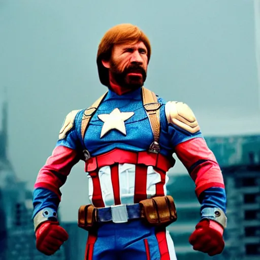 Image similar to uhd hyperdetailed candid photo of cosmic chuck norris dressed as captain america, wearing extremely intricate costume. fireworks in background. photo by annie leibovitz