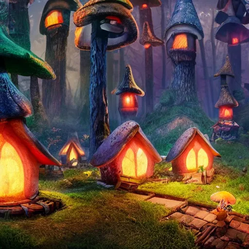 Image similar to A village of mushroom houses with chimneys, glowing windows on the floor of the enchanted forest. night scene, movie still from the Box Trolls, medium shot, might cinematic lighting, sharp, high detail