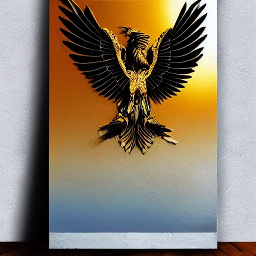 Prompt: eagle wing, glam rock, golden hour, sumerian wall art